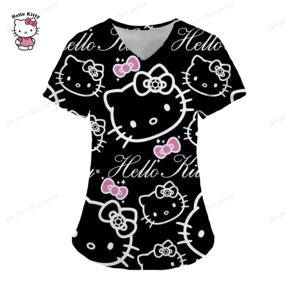 thumbnail image 1 of Camiseta de uniforme para mujer 2023, camisetas de Hello Kitty, uniforme de enfermera, bolsillo, Hello Kitty, cuello en V, ropa para mujer, tops, top de hospital, 1 of 5