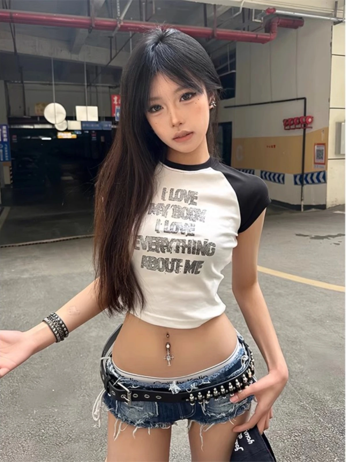 

American color clashing short-sleeved T-shirt female summer new letter printing vintage sweet cool spicy girl waistless tops