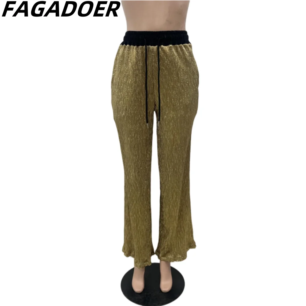 FAGADOER Fashion Straight Shining Pleated Pants Women High Waisted Drawstring Lace Up Trousers Casual Female Party Club Bottoms