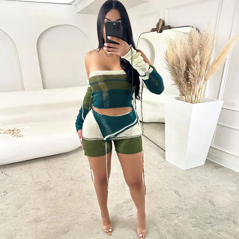 

Fashion Hollow Out Knitted Shorts Set for Women Sexy Strapless Sweater and Shorts Outfits Autumn Winter Club Party Two Piece Set