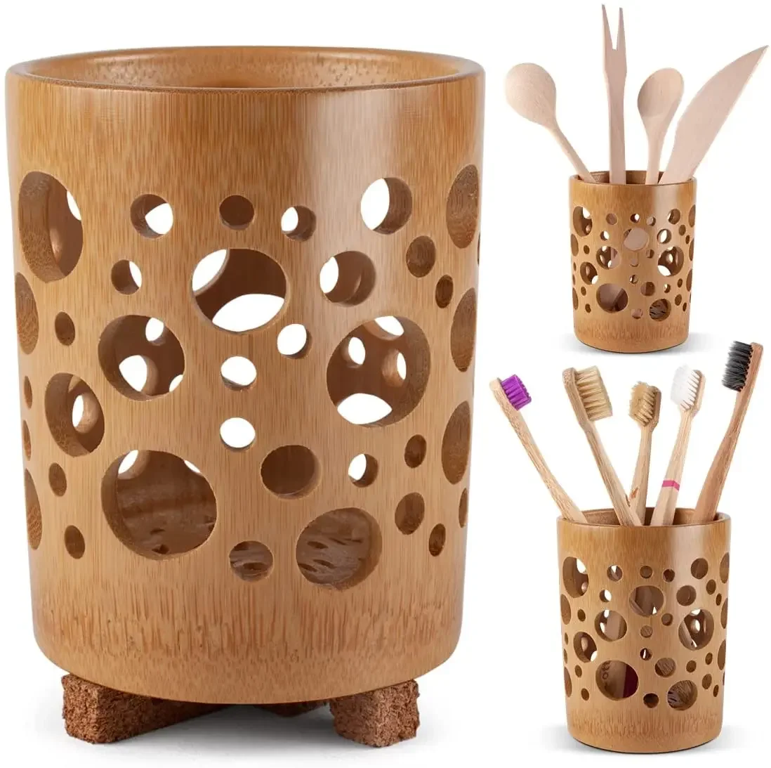 Eco-Friendly Bamboo Toothbrush Holder with Air Circulation for Bathroom and Office Decor
