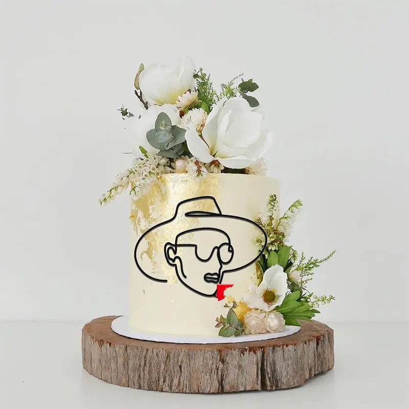 Simple Line Man Happy Birthday Cake Topper Black Abstract Face Acrylic Cake Toppers Decoration Family Party Baking Supplies