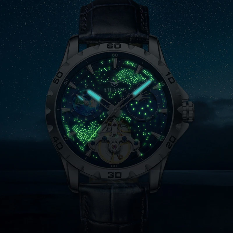 AILANG Fashion Blue Starry Sky Mechanische Uhr für Herren, luxuriöses Lederarmband, wasserdicht, leuchtend, automatische Tourbillon-Uhren_voghion.com