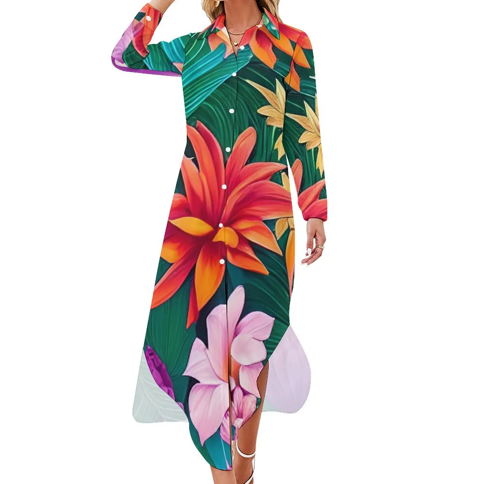 

Женское шифоновое платье с V-образным вырезом, длинным рукавом и цветочным принтом