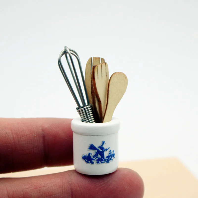 Miniature Dollhouse Kitchen Tools Set Wooden Spatula Knife Fork Egg Beater Jar For Home Decor Photography Props Mini Toys - 4