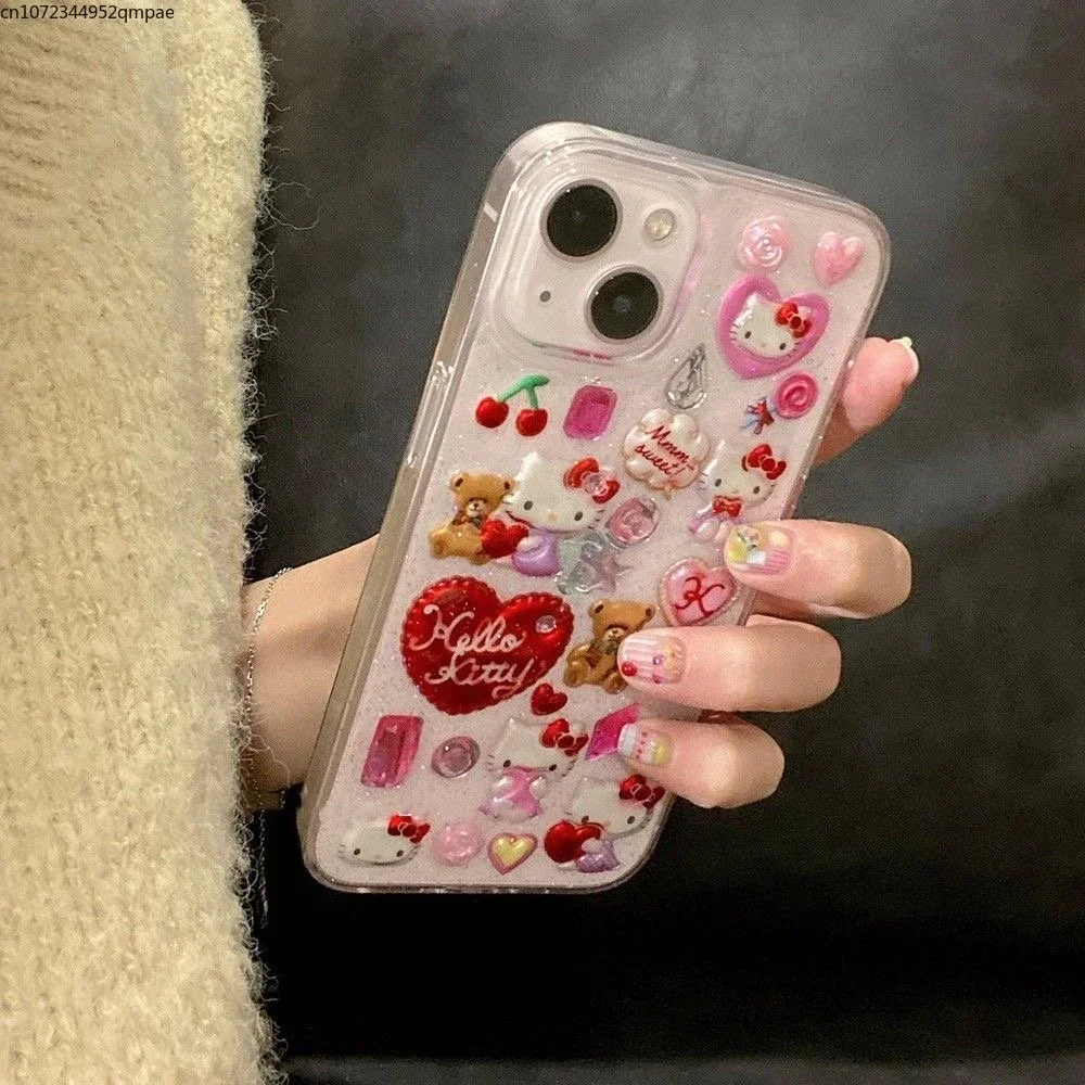 3D Cute Cartoon Sanrio Y2K Hello Kitty Sticker Bling Glitter Phone Case For iPhone 15 14 13 12 11 Pro Max Transparent Soft Cover