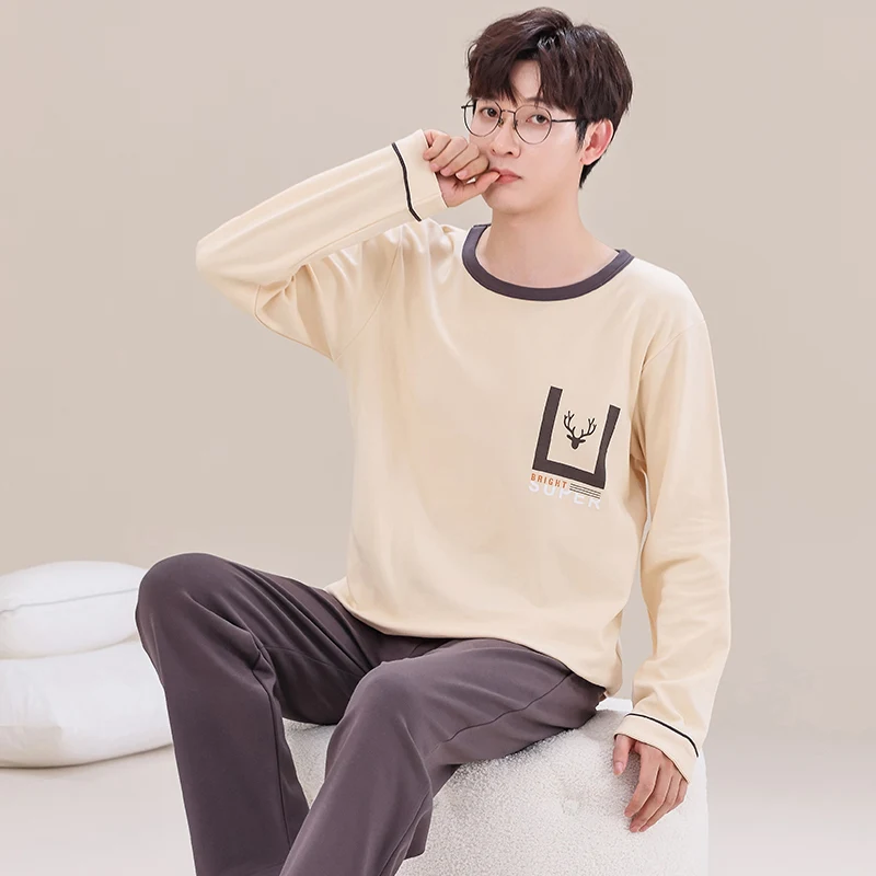 Men Pyjama Set Cotton Spring Long Sleeve Print Men Pajama Suit Autumn Nightwear O Neck Pijama Male Sleepwear Two Piece Set