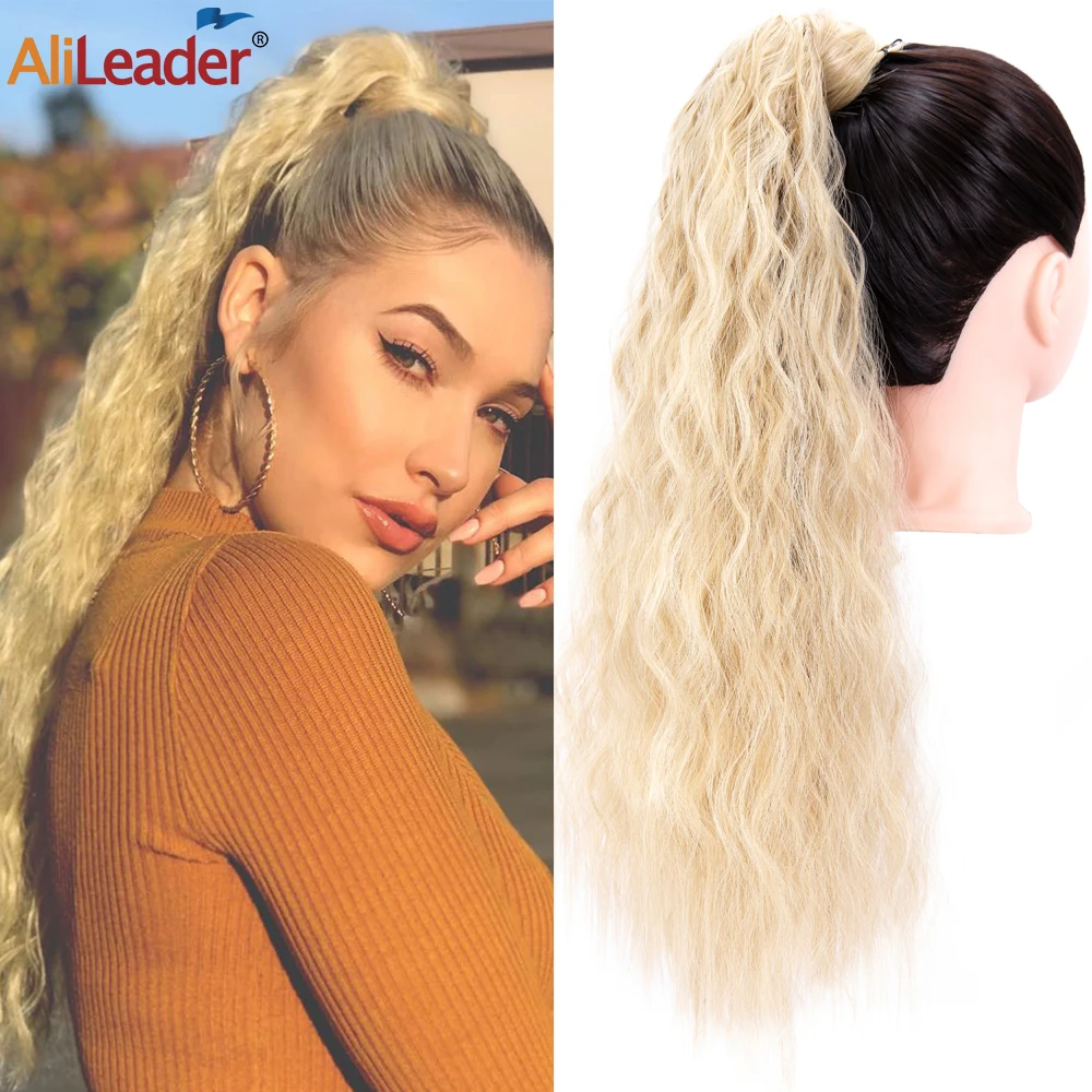 

Blonde Ponytail Hair Extension 22Inch Warp Around Curly Wavy Pony Tails Hairpieces Fluffy Synthetic Clip In Corn Wave Ponytail