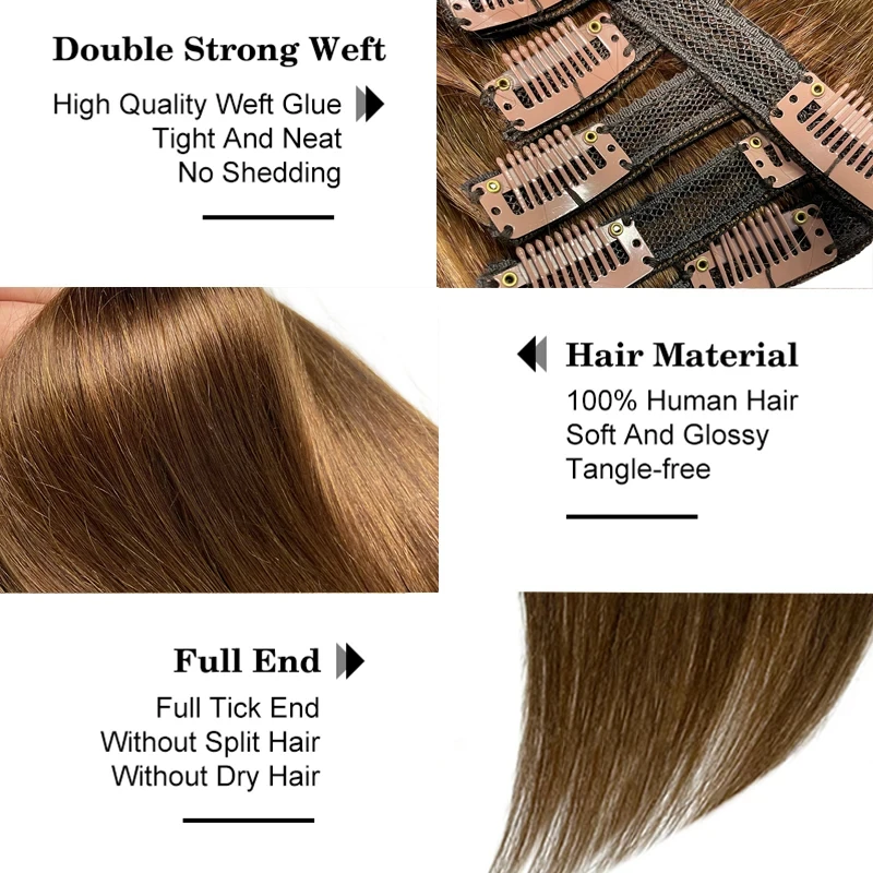 Hair Extensions Clip In Hair Extensions 100% Remy Hair Straight Full Head Human Clips #4 Chocolate Brown Color 120G/Set #4/27 Highlight