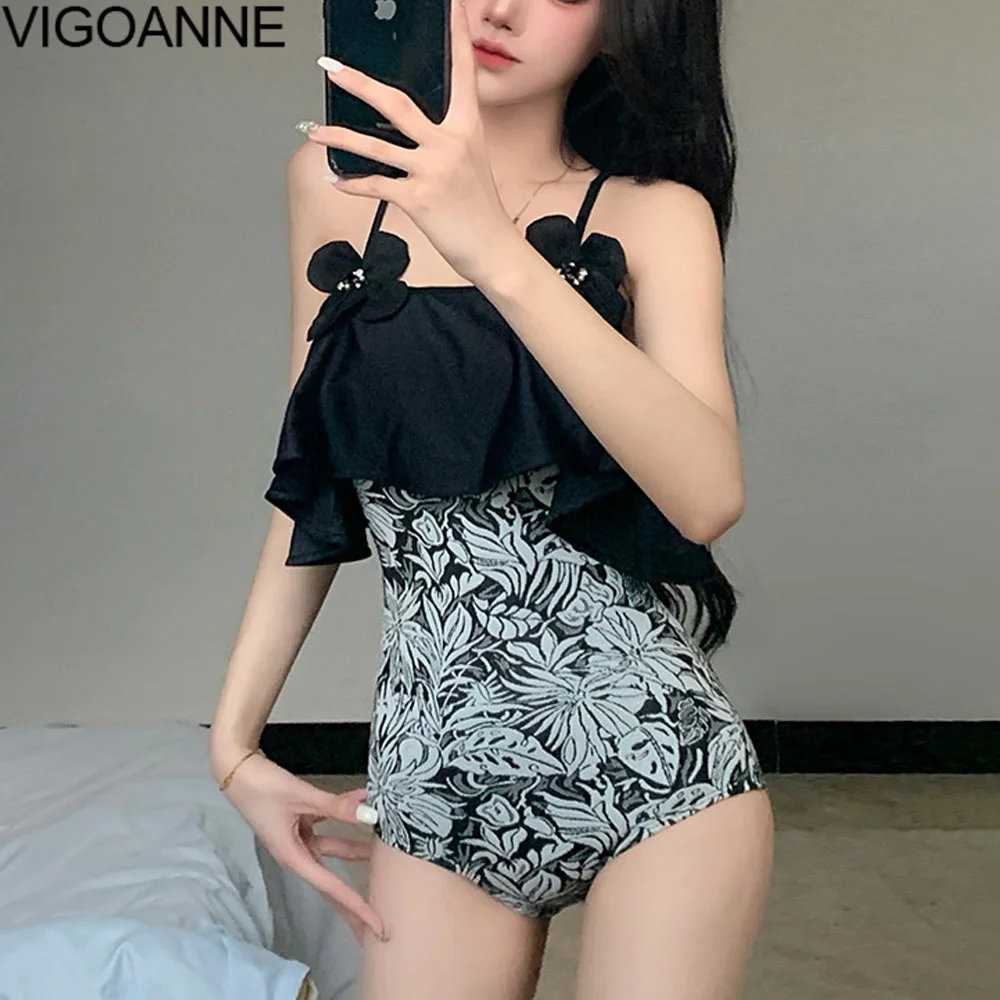 

VigoAnne Print Strapped Swimwear Women 2023 Sexy Push UP Flower One Piece Swimsuit Korean Slim Monokini Backless Bathing Suit
