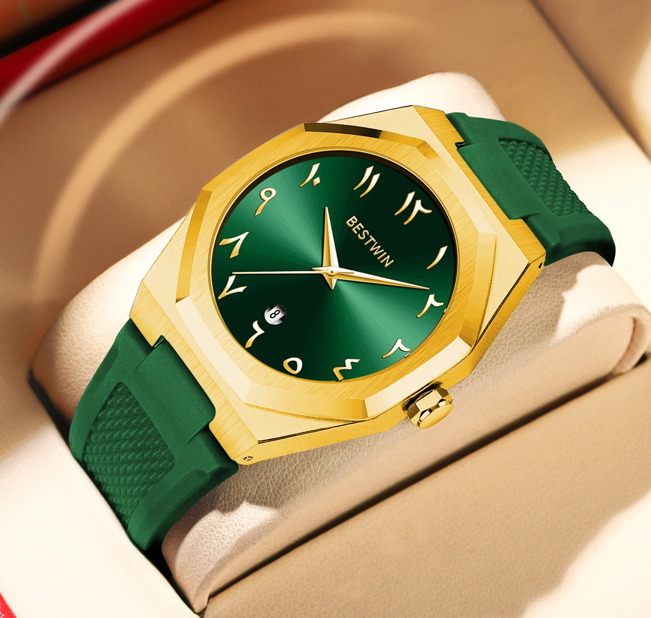 BESTWIN Fashion Luxury Arabic Men's Quartz Watch Business Casual Silicone Strap Mens Wristwatch Family Friends Birthday Gifts