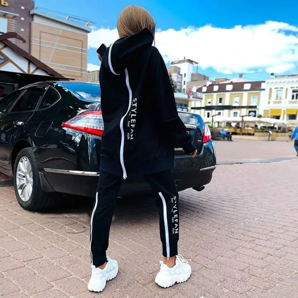 2024 Fashion Women's 22-piece Suit Long Zipper Front and Back with Letter Printing Loose Long Sweater + Trousers Suit