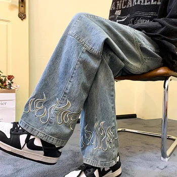 Y2K Vintage Flame Printed Jeans For Men Baggy Streetwear Wide Leg Denim Trousers 2026 New Hip Hop Fashion Straight Pantalones 1