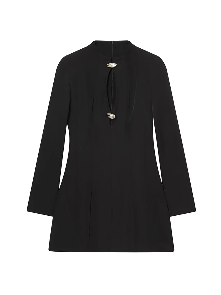 TFMLN Women Hollow Out Mini Dress Sexy Round Neck Long Sleeve Jewel Button Decortion A-line Dresses New Female Chic Party Dress