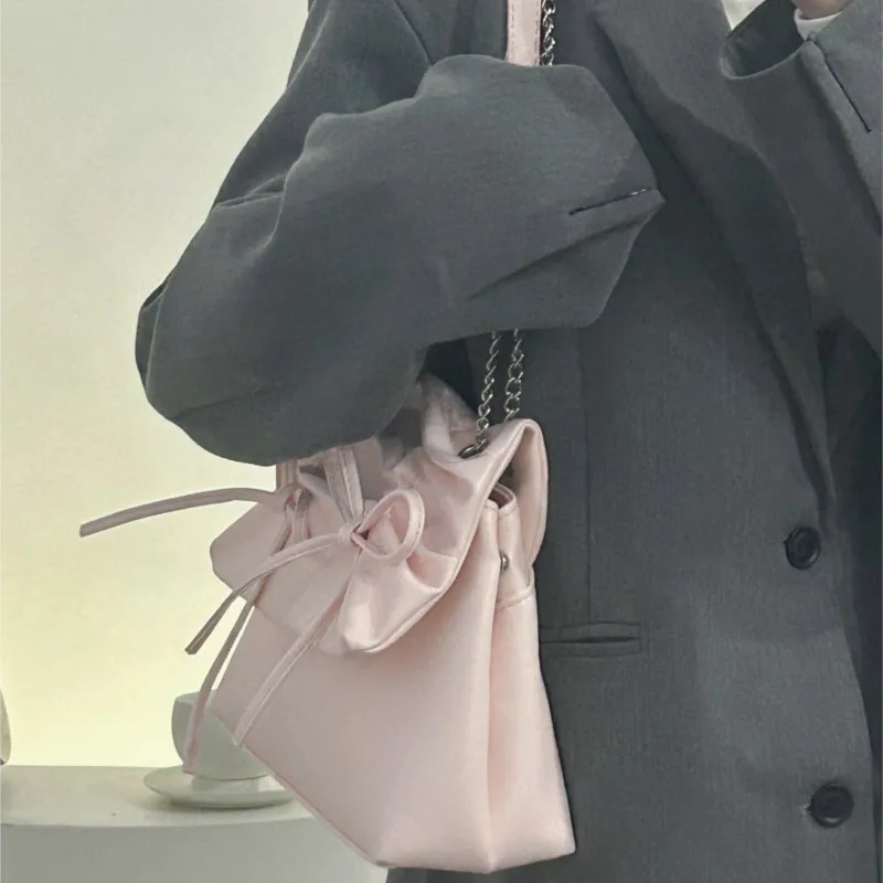 JIAERDI Sweet Cute Bow Tote Bag Women Elegant Ballet Style Gentle Pleated Shoulder Bag Ladies Chain Large Capacity Crossbody Bag