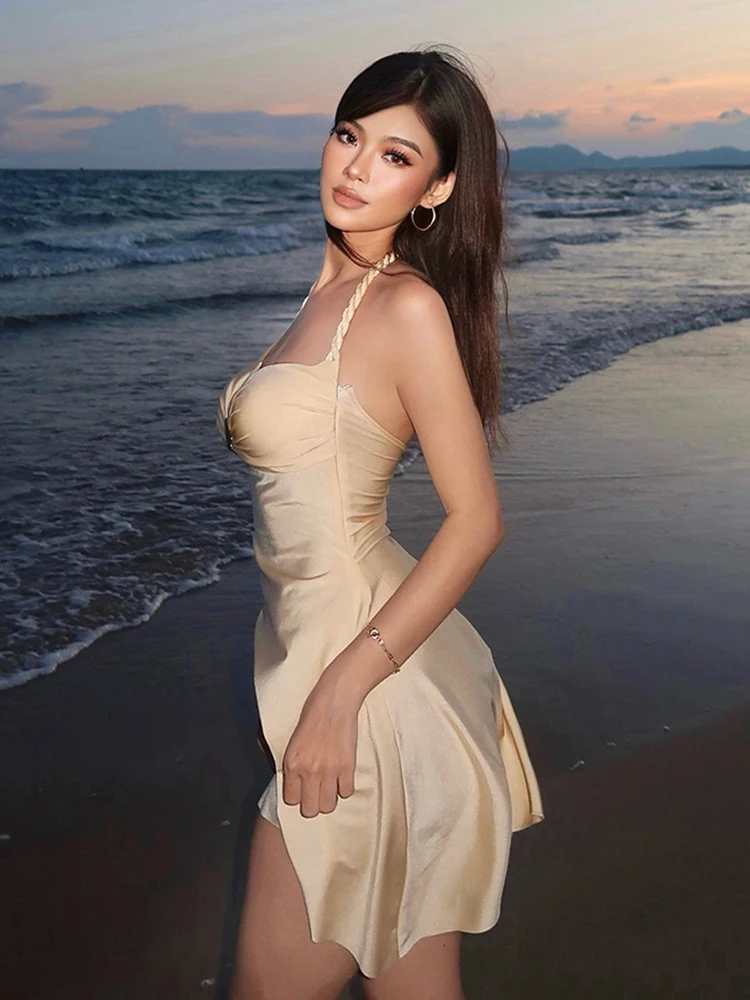 Nibber Shell Metal Decoration Dress Women Halter Low-Neck Irregular Hem Backless Sleeveless Folds Smooth Summer Mini Bodycon