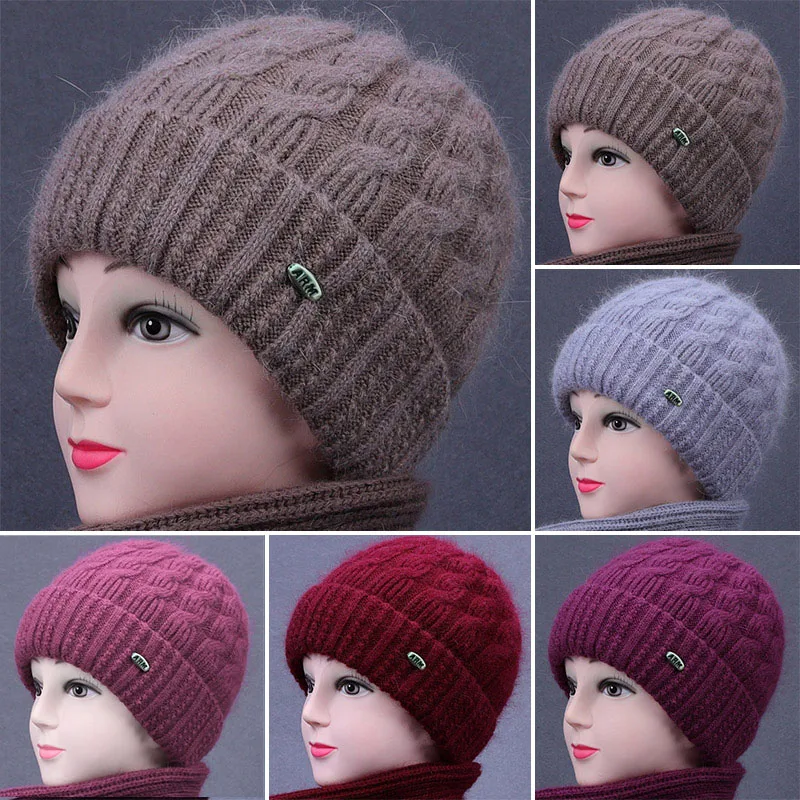 

Women Wool Hats Plus Velvet Thickening Middle-Aged Elderly Hat Outdoor Cold Warmth Knitted Mother's Cap Skullies Beanies Winter
