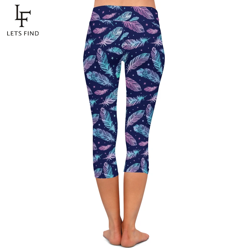 LETSFIND 3D Feather Digital Print Leggings High Waist  Mid-Calf 3/4 Stretch Leggings Women Pants Summer New