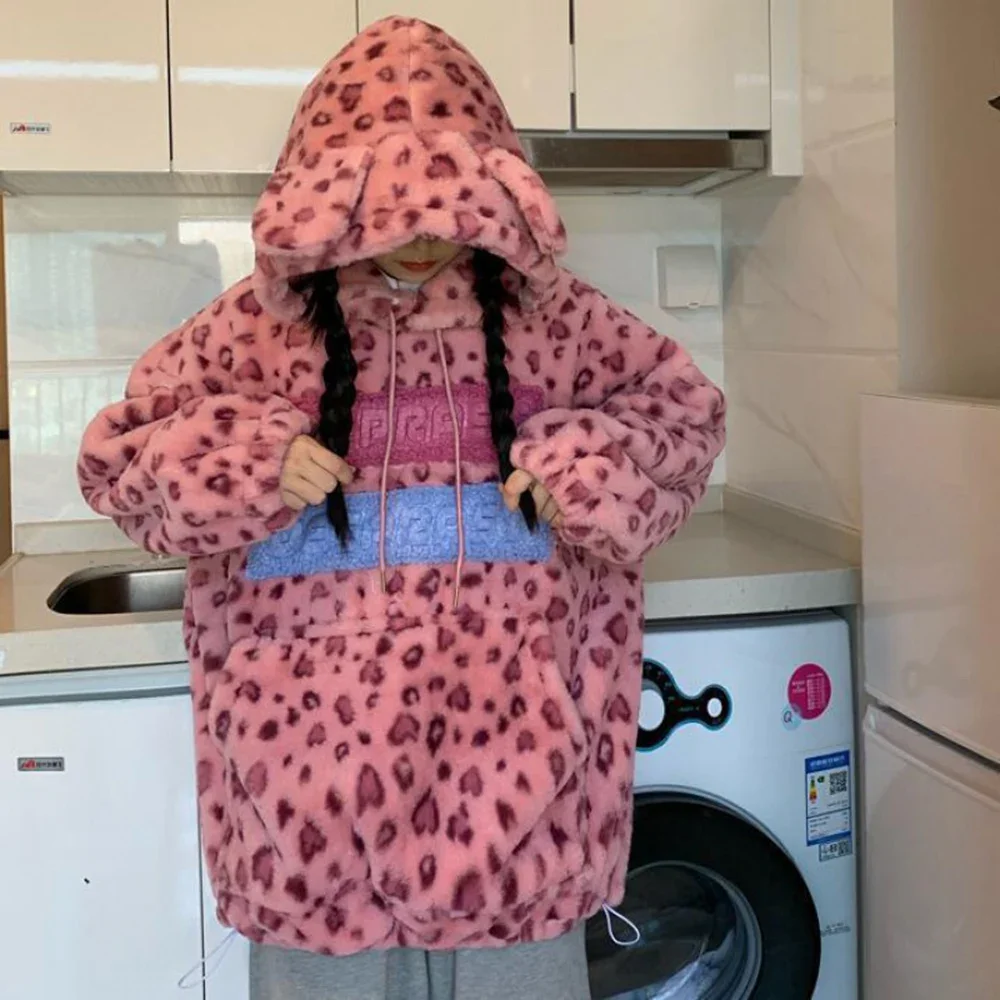 Women Autumn Winter Pink Lovely Lamb Plush Leopard Animal Ear Pullover Female Loose Korean Oversized Sweatshirt Hoodie 2023 New