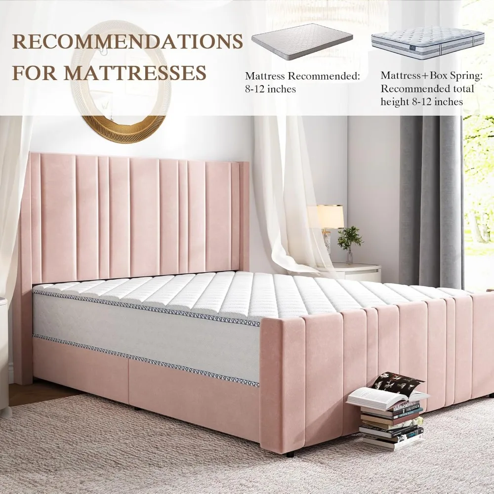 Queen Size Bed Frame, Pink Queen Beds Frames with Vertical Channel Tufted Headboard, Soft Velvet Upholstered Bed Frame 5