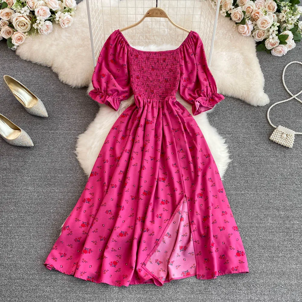 

French Style Women Dresses Sweet Square Neck Puff Sleeve Wrapped Waist Slim Split A-line Dress 2023 Summer New Floral Dress