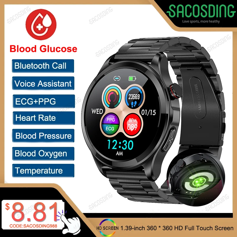

Blood Glucose ECG+PPG Watch Men Call watch Heart Rate Blood Pressure Blood Oxygen Monitoring Watches