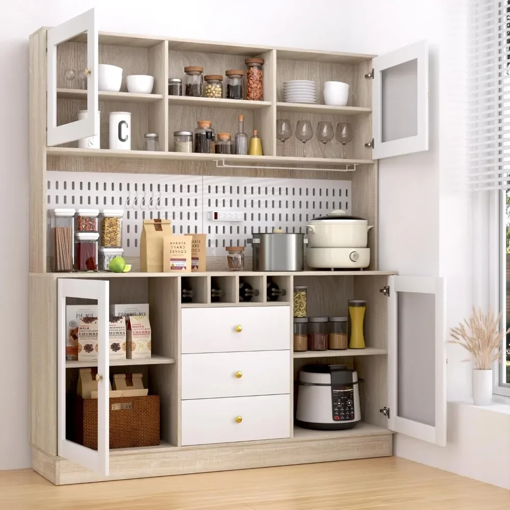 Kitchen Hutch Cabinet, Pantry Cabinet, Power Outlet,Freestanding Buffet Hutch with Pegboard, Cup Holder,  4 Doors & 3 Drawers 3