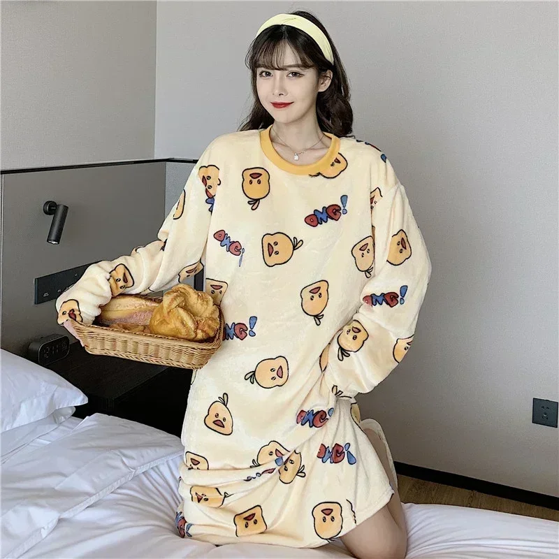 Winter Long Sleeve Print Thick Warm Flannel Nightgowns For Women Long Dress Coral Velvet Sleepwear Nightdress Night Dress Nighty