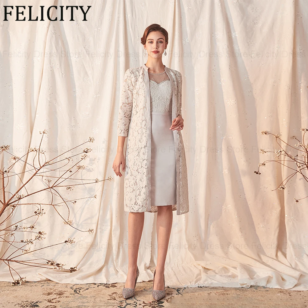 

FELICITY 2 Piece Elegant Mother of the Bride Dresses with Jacket 2024 Sheath Lace Wedding Guest Dresses Knee-Length Evening Gown