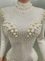 Women Sexy White Pearl Long Sleeved  Elastic Tight Fitting Jumpsuit Club Party Dress DJ Female Singer Stage Performance Dress - Image 5