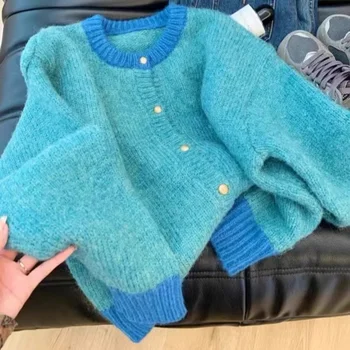 2025 سترة واحدة الصدر طويلة الأكمام المرقعة محبوك سترة س الرقبة معطف دافئ غير رسمي مكتب ملابس خارجية الخريف الشتاء 3