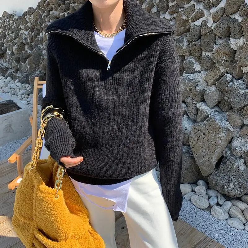 S8696380580f243cf8cf5bb70fad56c446 Winter Women's Turtleneck Knitted Fashion Zippers Sweaters Oversized Solid Gray Black Casual Long Sleeve Pullovers for Women Mallzona