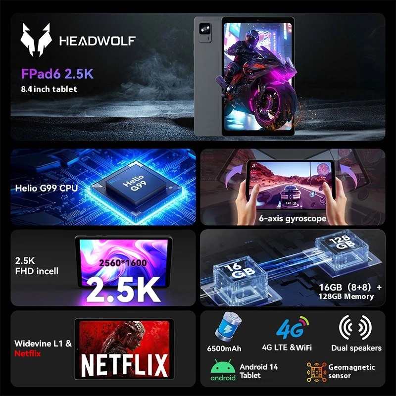 新品 Headwolf FPad6 2560x1600 16GB+128GB HEADWOLF FPad 6 Andorid 15 tablet 8.4 inch 8GB RAM 128GB ROM
