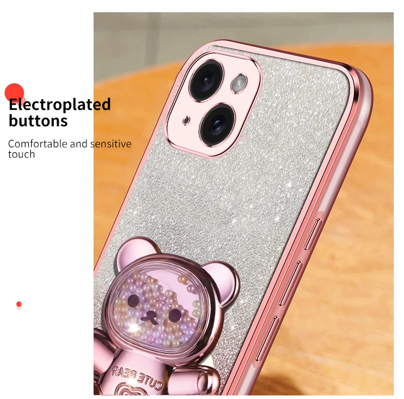Coque de téléphone avec support à paillettes, ours mouvant, étui pour iPhone 15 14 12 13 11 Pro Mini 13pro X Xr Xs Max 7 8 6 Plus_voghion.com