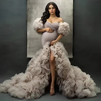Ruffles Short Sleeve Maternity Photoshoot Dress High Low Bump Friendly Pregnancy Shooting Dress Photography Gown for Baby Shower