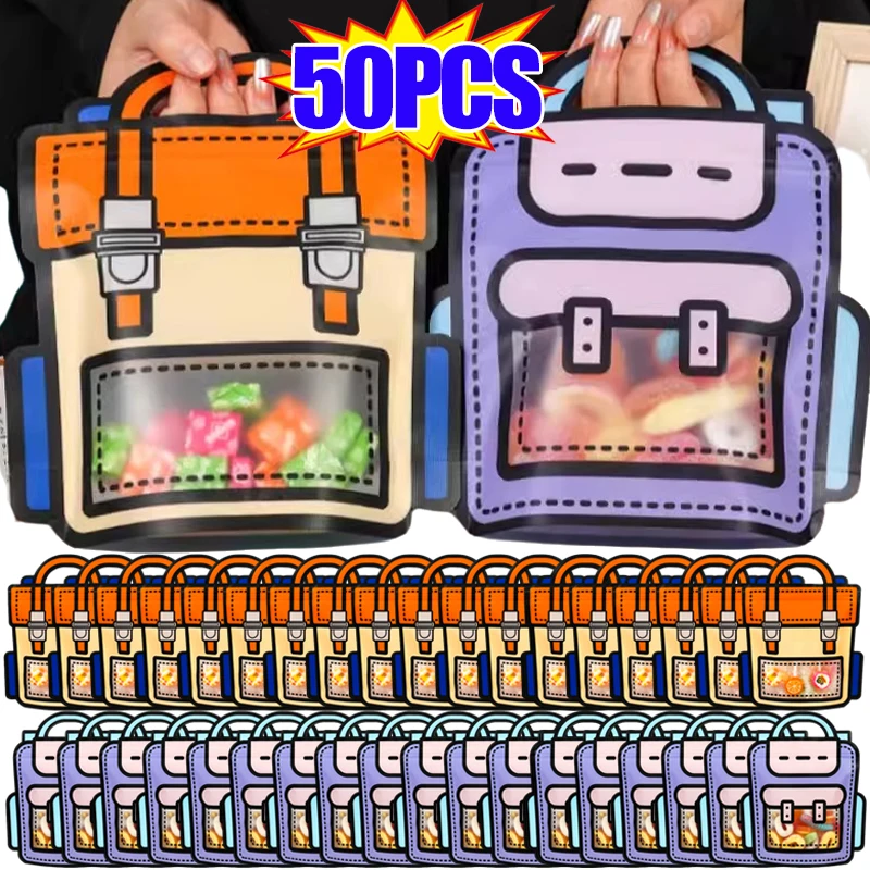 창의적인 선물 포장 가방, 만화 학교 가방 모양 사탕 스낵 자체 잠금 가방, 어린이 생일 파티 장식 선물, 50 개, 1 개
