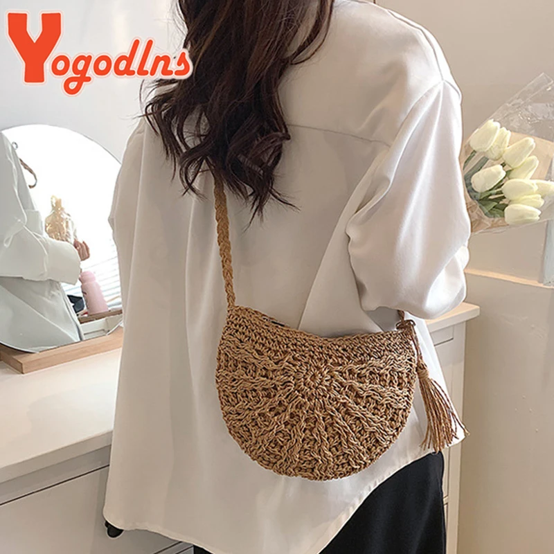 Yogodlns New Half Round Straw Bags for Women Summer Beach Rattan Bag Handmade Woven Half Moon Crossbody Handbags Bohemia