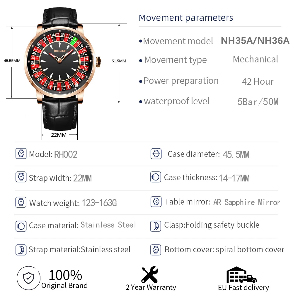 RICHARD V2 Mechanical Watch Rotating Dial Las Vegas Roulette Desktop Theme Automatic Watch Men's Diamond Luminous Hands