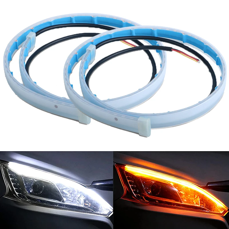 2Pcs DRL LED Strip Turn Signal Light Sequential Yellow Bright Flexible Daytime Running Light 12V Car Headlight Auto Accessories