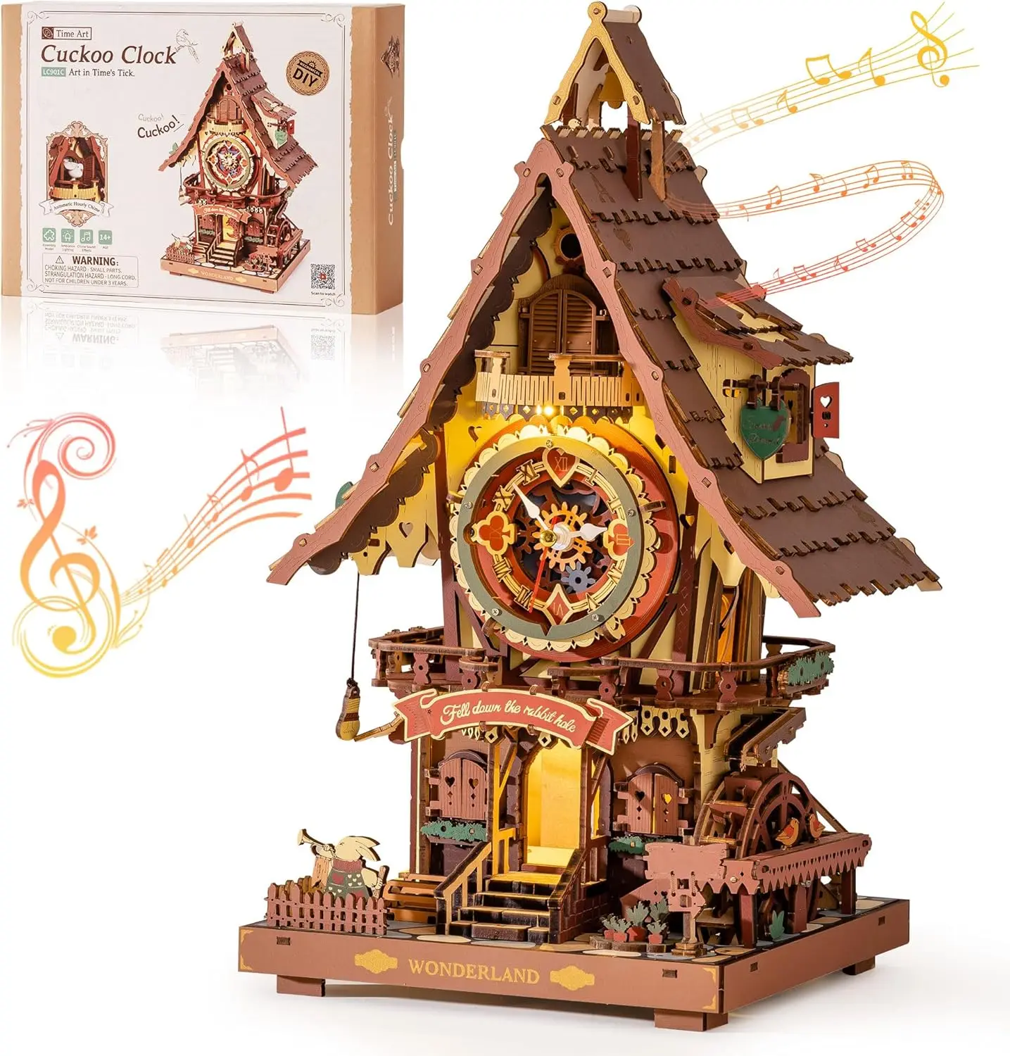 Robotime Rokr 3D Wooden Puzzle Cuckoo Clock Kit Black Forest Style with Working Bird DIY Clock Model Kit for Kids Adults Model