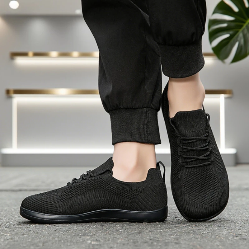 Wide Barefoot Shoes for Men Trendy Black Mesh Casual Walking Sneakers Breathable Non-Slip Minimalist Casual Wide Toe Men Shoes