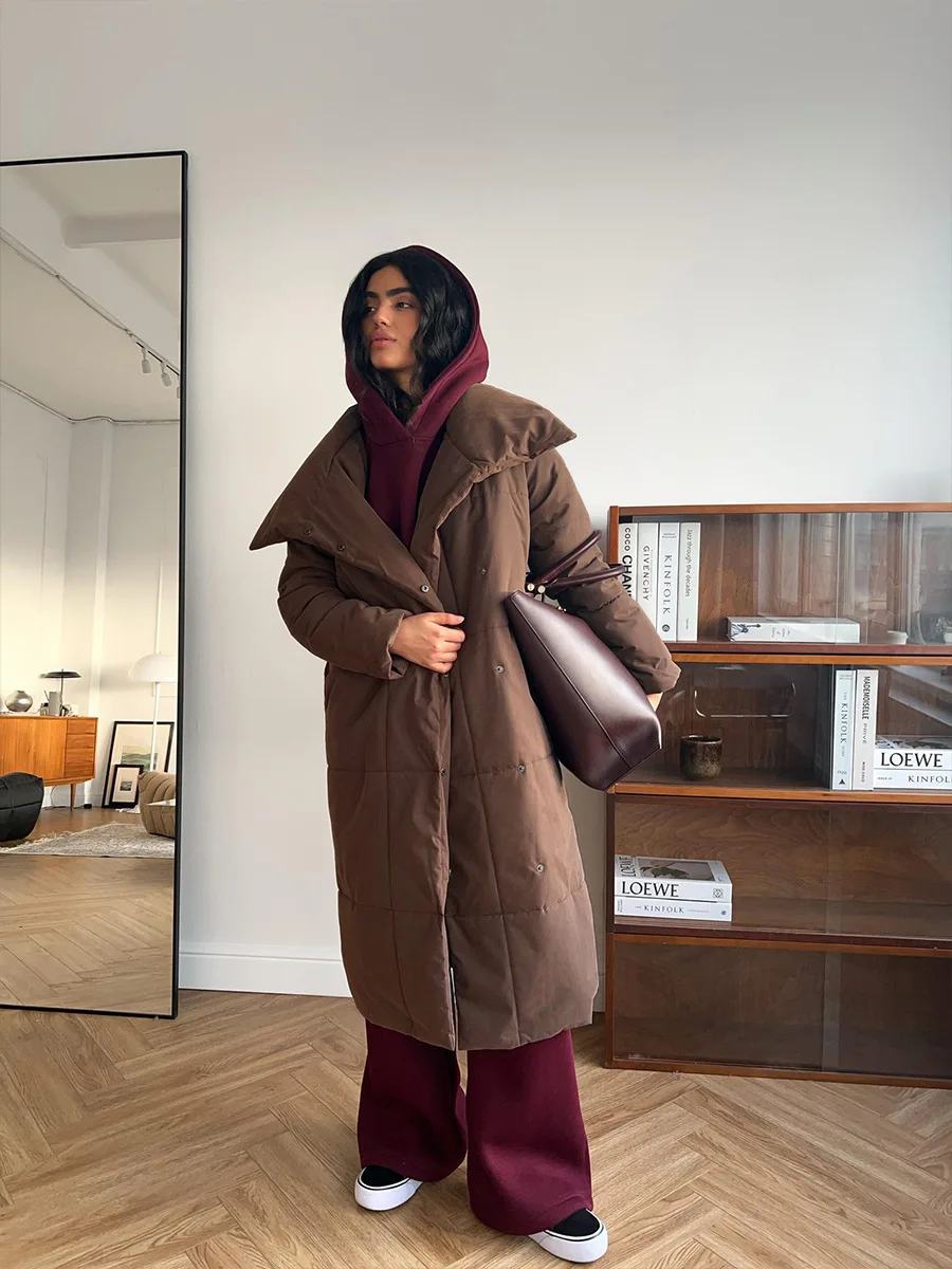 Winter Female Parkas Outwear Loose Lace-Up High Waist Long Sleeve Pocket Lapel Bandage Coat For Women Solid Parkas