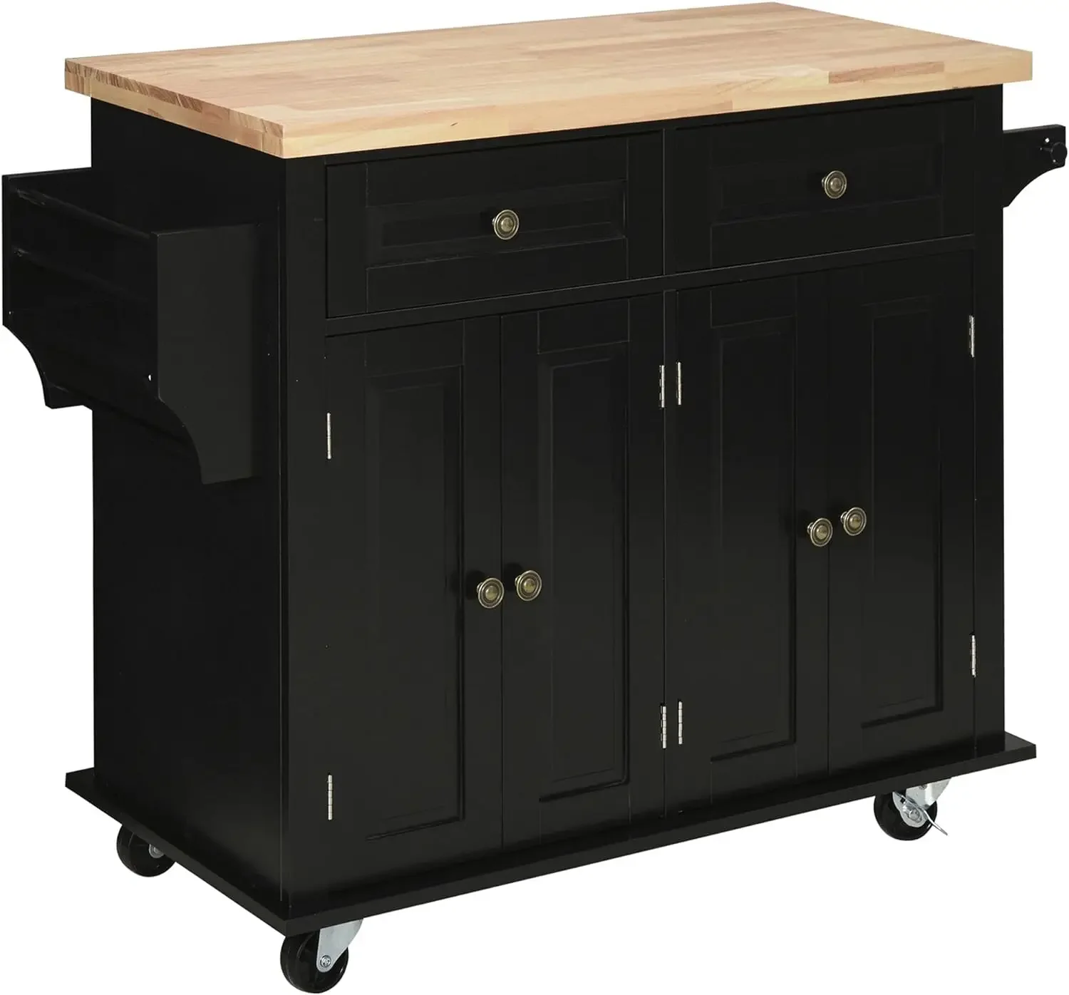 

Kitchen Island on Wheels, Rolling Cart with Rubberwood Top, Spice Rack, Towel Rack and Drawers for Dining Room, Black