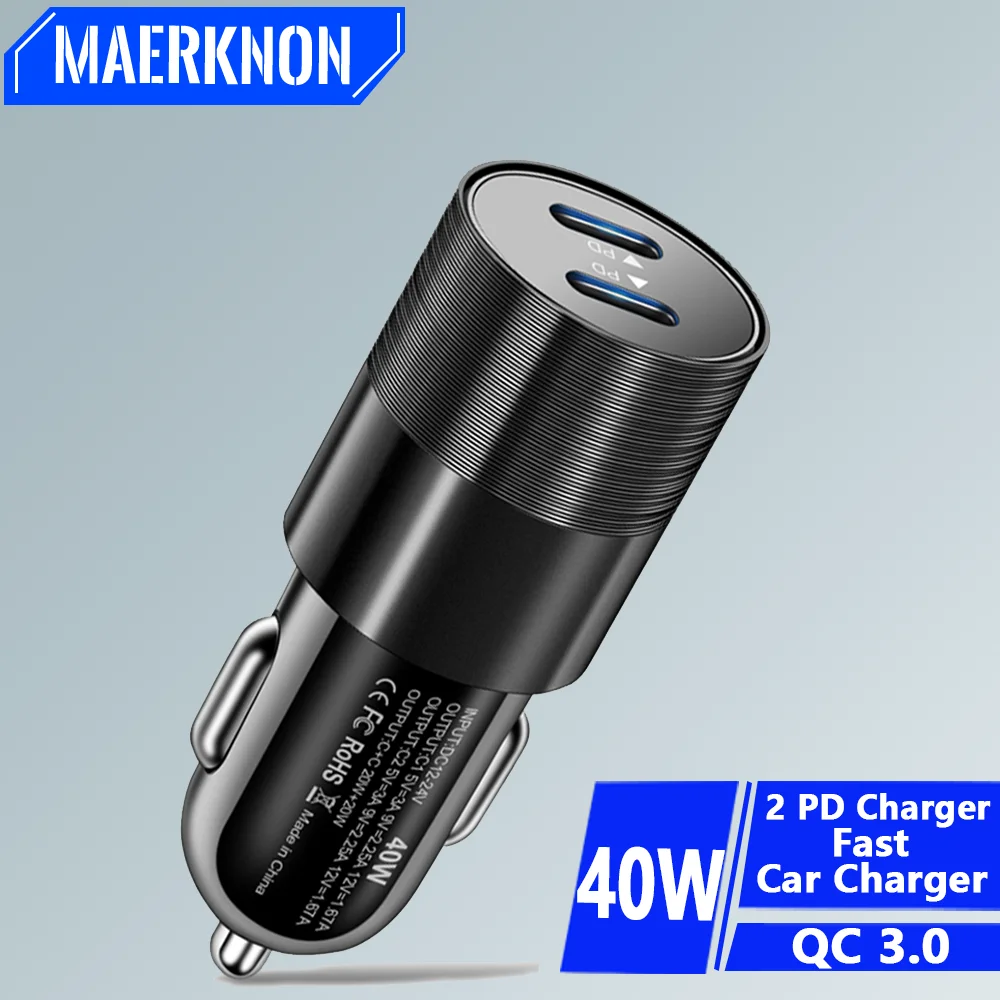 차량용 고속 충전 USB C 충전기, 아이폰 15, 14, 13, 샤오미 12, 13, 삼성용, 40W PD, 2 포트