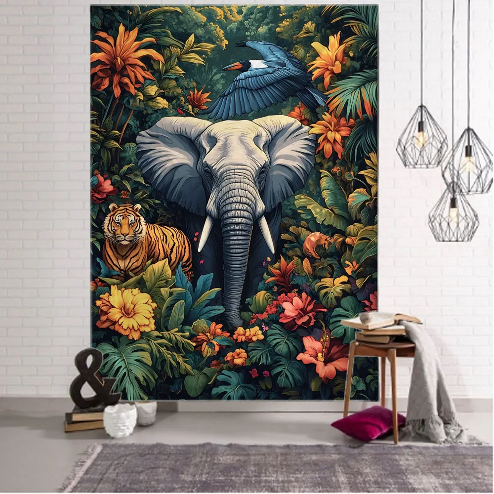 Home decoration tapestry animal forest flowers birds elephants tigers leopards dormitory bedroom art decoration wall hanging