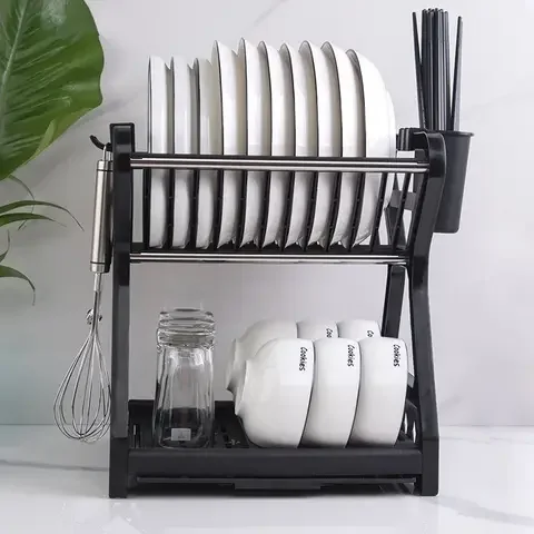 

2021 2-Layer Kitchen Dish Bowl Drying Holder Storage Rack with Chopstick Cage Dish Filter Rack Tableware Storage Tray Box Basket