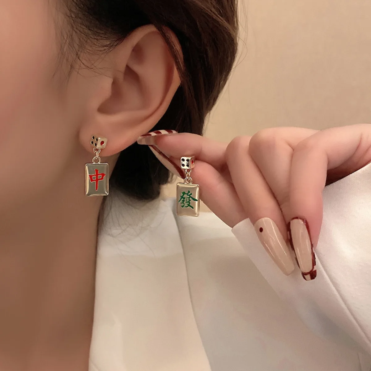 2024 New Design Mahjong Earrings for Women Golden Red Color Fashion Jewelry New Year Make A Fortune Lucky Gifts Charm Earring 5
