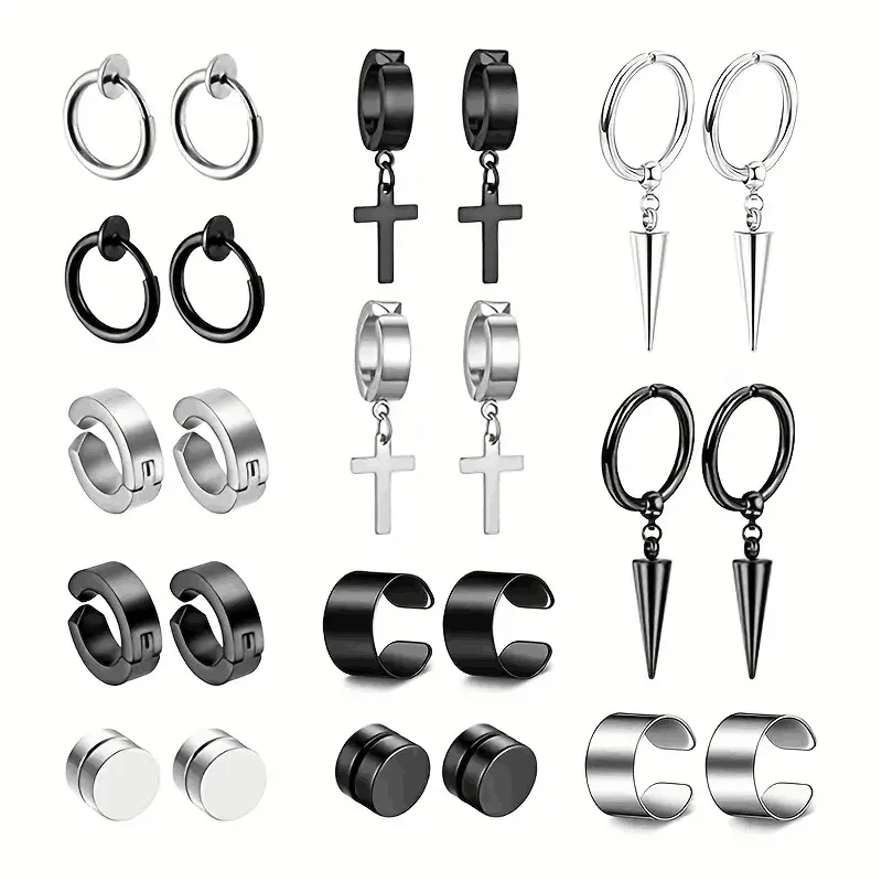 2-12 Pair Punk Men's Fashion Cross Magnet Stainless Steel Ear Studs and Earrings Set stud earrings ear accessories magnetic earrings