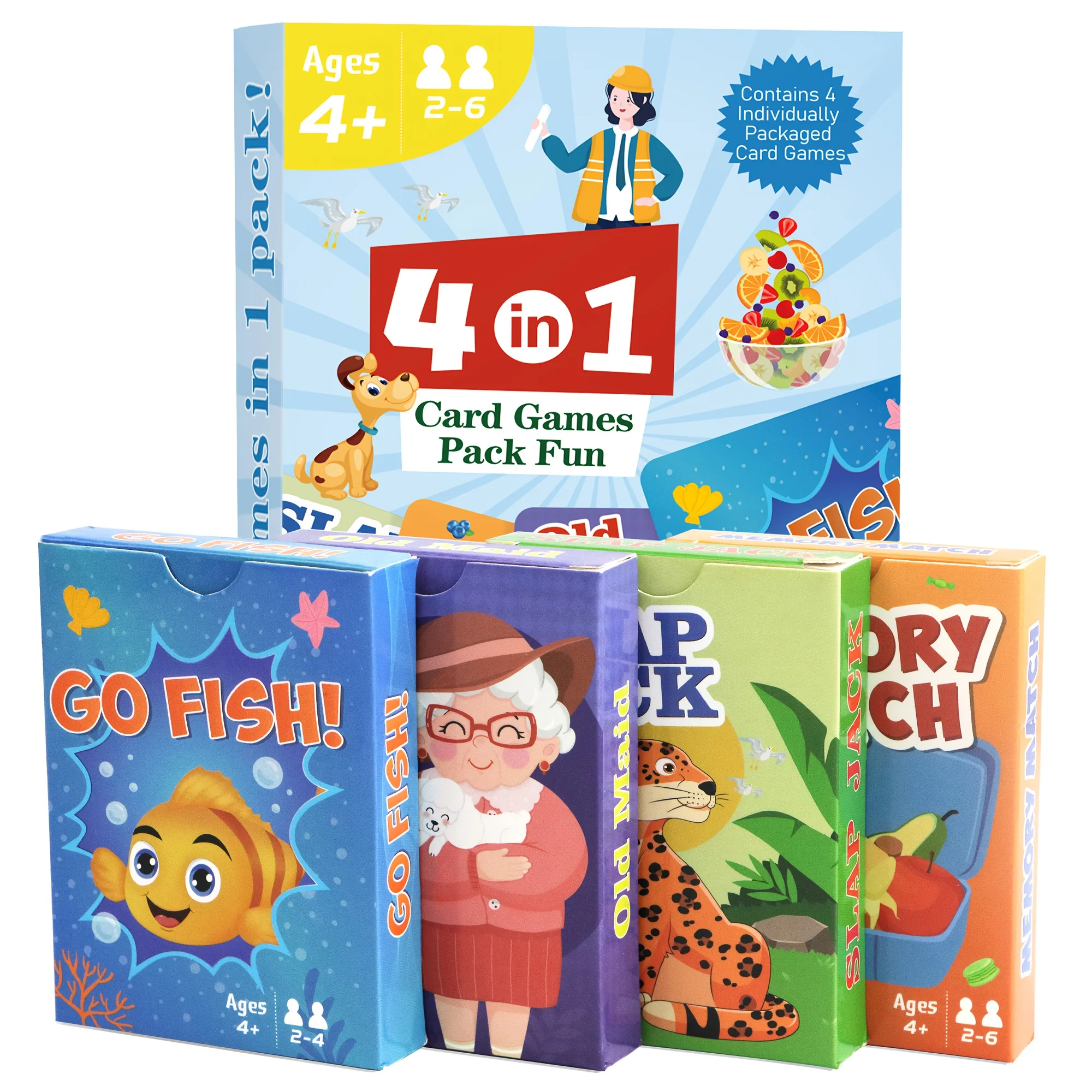 Jogos de Cartas 4 em 1 para Crianças: Go Fish, Old Maid, Memory Match, Slap Jack; Presentes de Aniversário para Meninos e Meninas a Partir de 4 Anos; Jogo Educativo