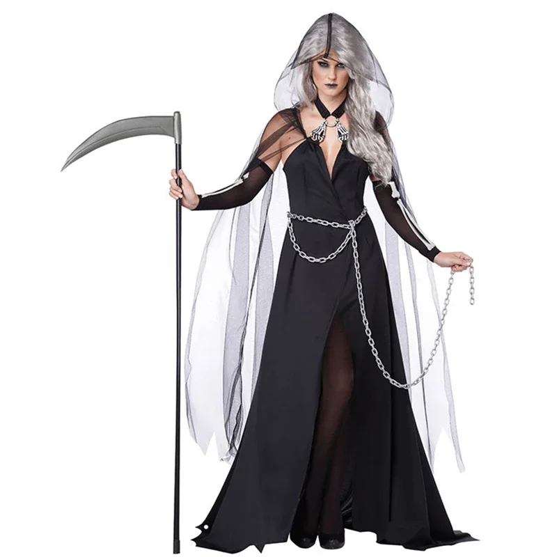 Women Halloween Ghost Dress Fantasia Role Play Death Cosplay Adult Women Carnival Fancy Party Death Costume Dress Up Suit